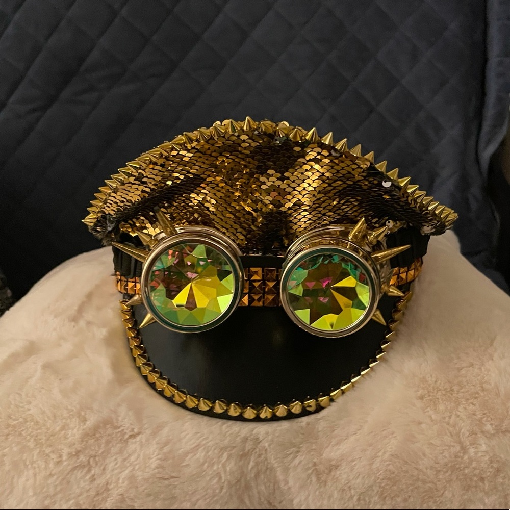 NWT Bedazzled & Sequined Gold Steam Punk Cop Hat.